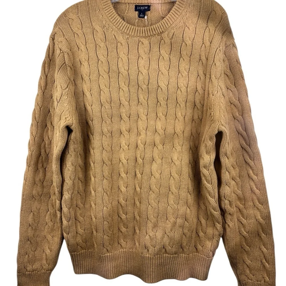 J. Crew Men's Cable Knit Camel Crewneck Sweater Size L Preppy Quiet Luxury